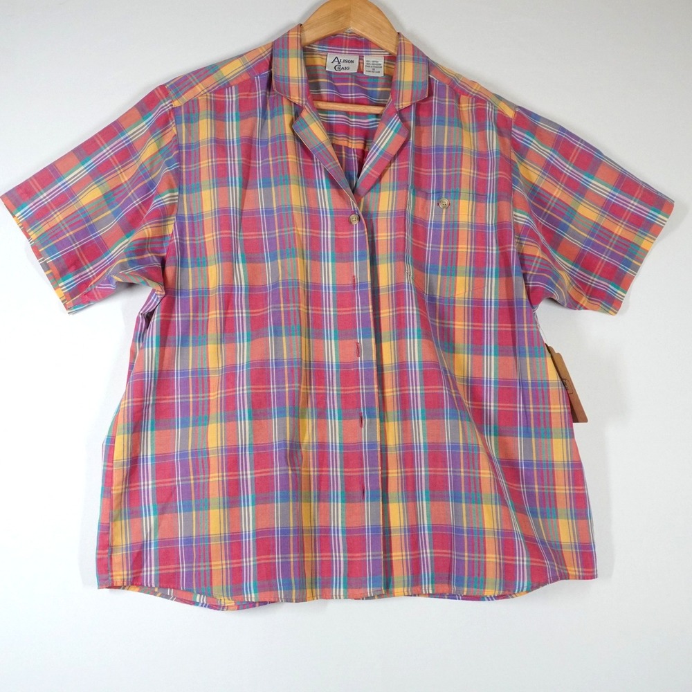 VTG Alison Craig 90s Plaid Button Up Shirt XL Multicolor Short Sleeve Colorful